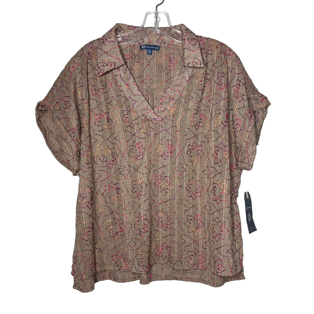 Democracy Embroidered Top Collared V-Neck